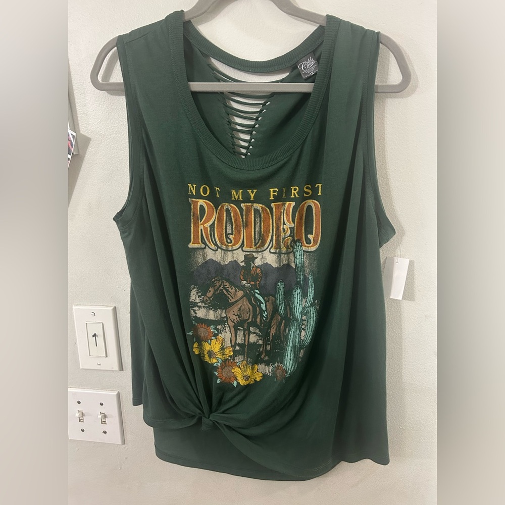 Graphic Knot-Front Tank Top - Dark Green "Not My First Rodeo"